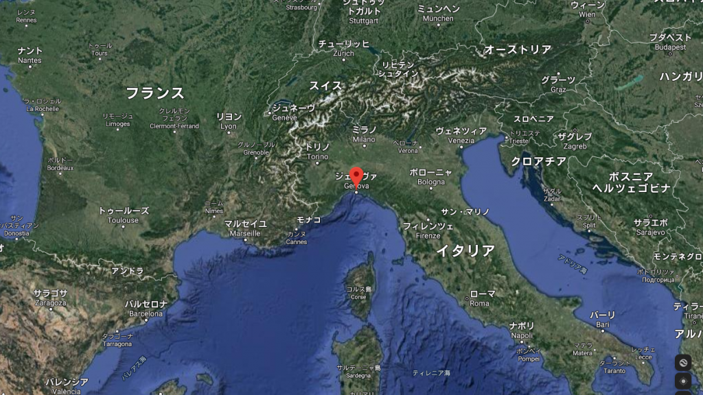 グーグルマップのスクリーンショット。ジェノバ地方を地球の上から見た図。